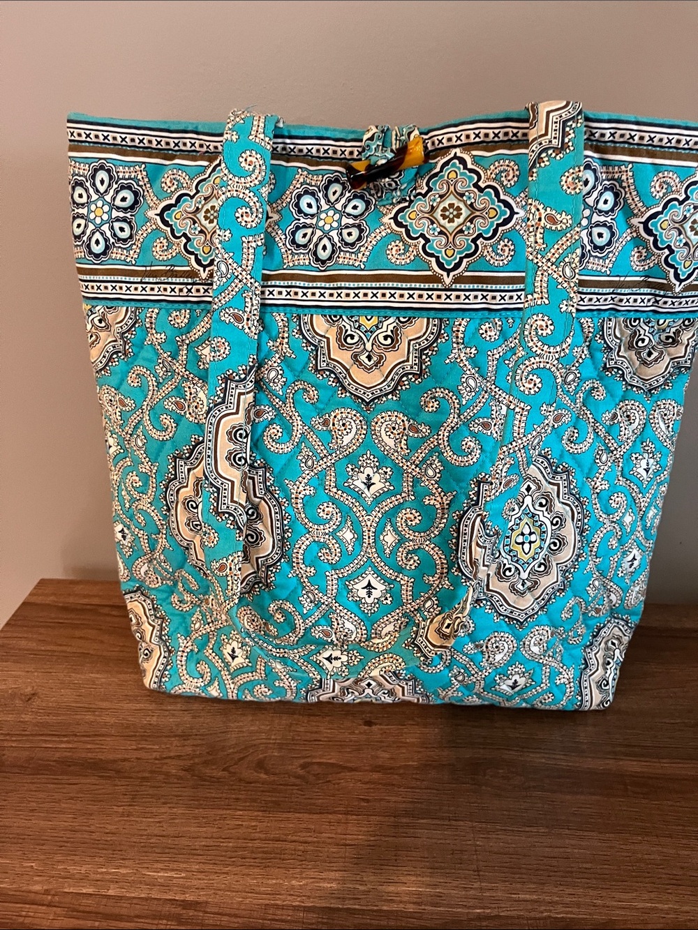 Vera Bradley Turquoise Patterned Tote with Cream and Black Accents